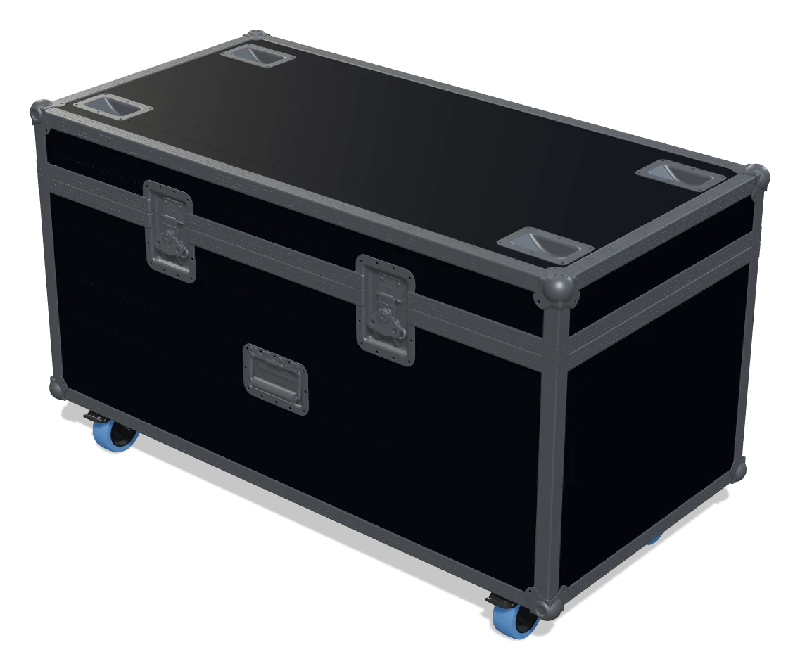 Flight case 120 × 60 × 60 cm — čierna preglejka, hliníkové profily, guľové rohy, brzdené kolesá